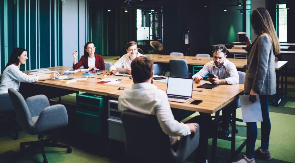 Office staff attentively listening speech
